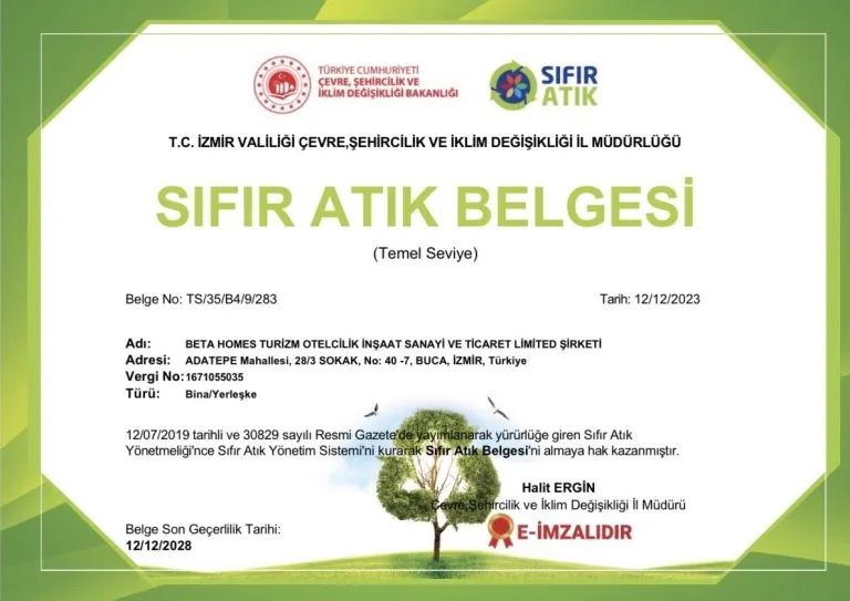 Certificato Rifiuti Zero — Livello Base — Ministero dell'Ambiente di T.R.